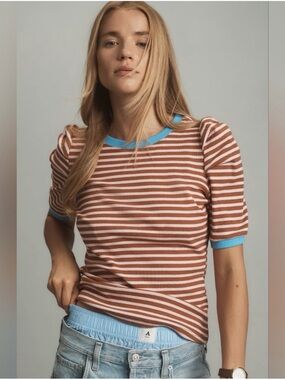Maeve Anthropologie Brown and cream Striped Puff-Sleeve Tee with Blue Trim Sz:L